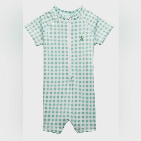 Baby boy short sleeved Gingham Rash Guard Shortall